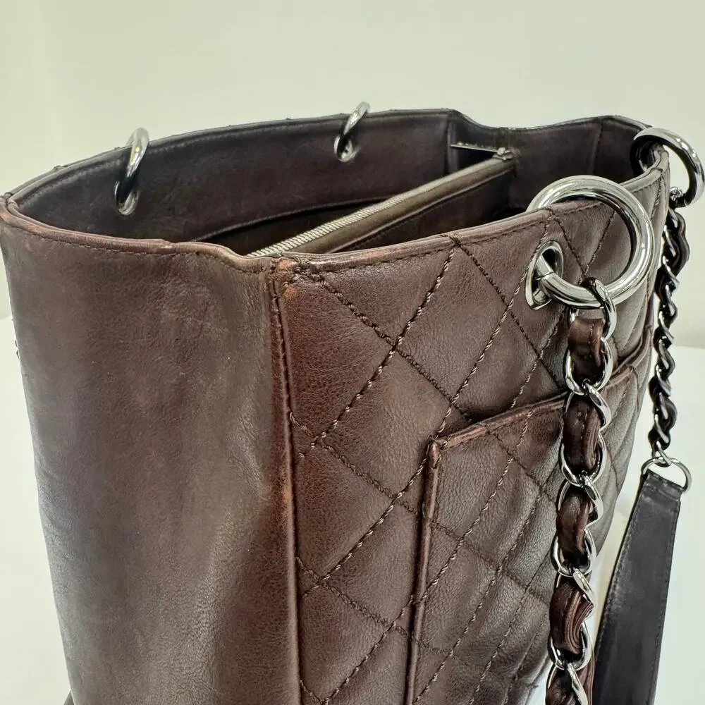 CHANEL Brown Quilted Lambskin Grand Shopping Tote Leather CC Logo Shoulder Bag